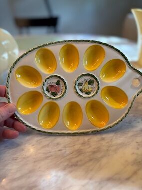 Yellow Ceramic Egg Tray with Fruit Medallions